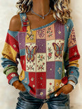 Ladies' Butterfly Pattern Countryside Style Casual Sloping Shoulder Top