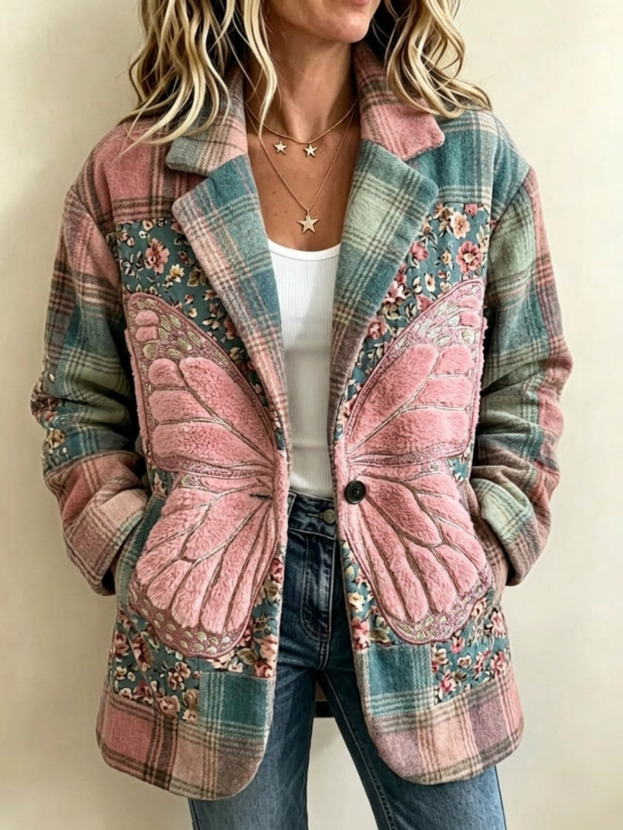 Women'S Butterfly and Floral-Themed Vintage Patchwork Sheepskin Coat