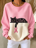 Women'S Pink Ribbon Cat Printed Casual Sweatshirt