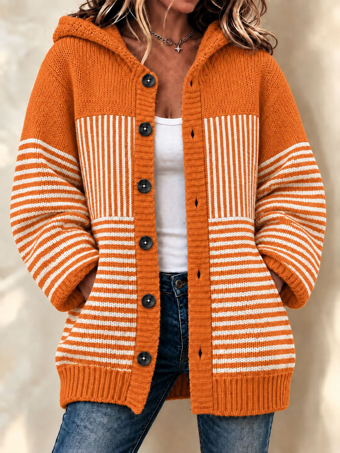 Women Striped Crew Neck Printing Casual Cardigan