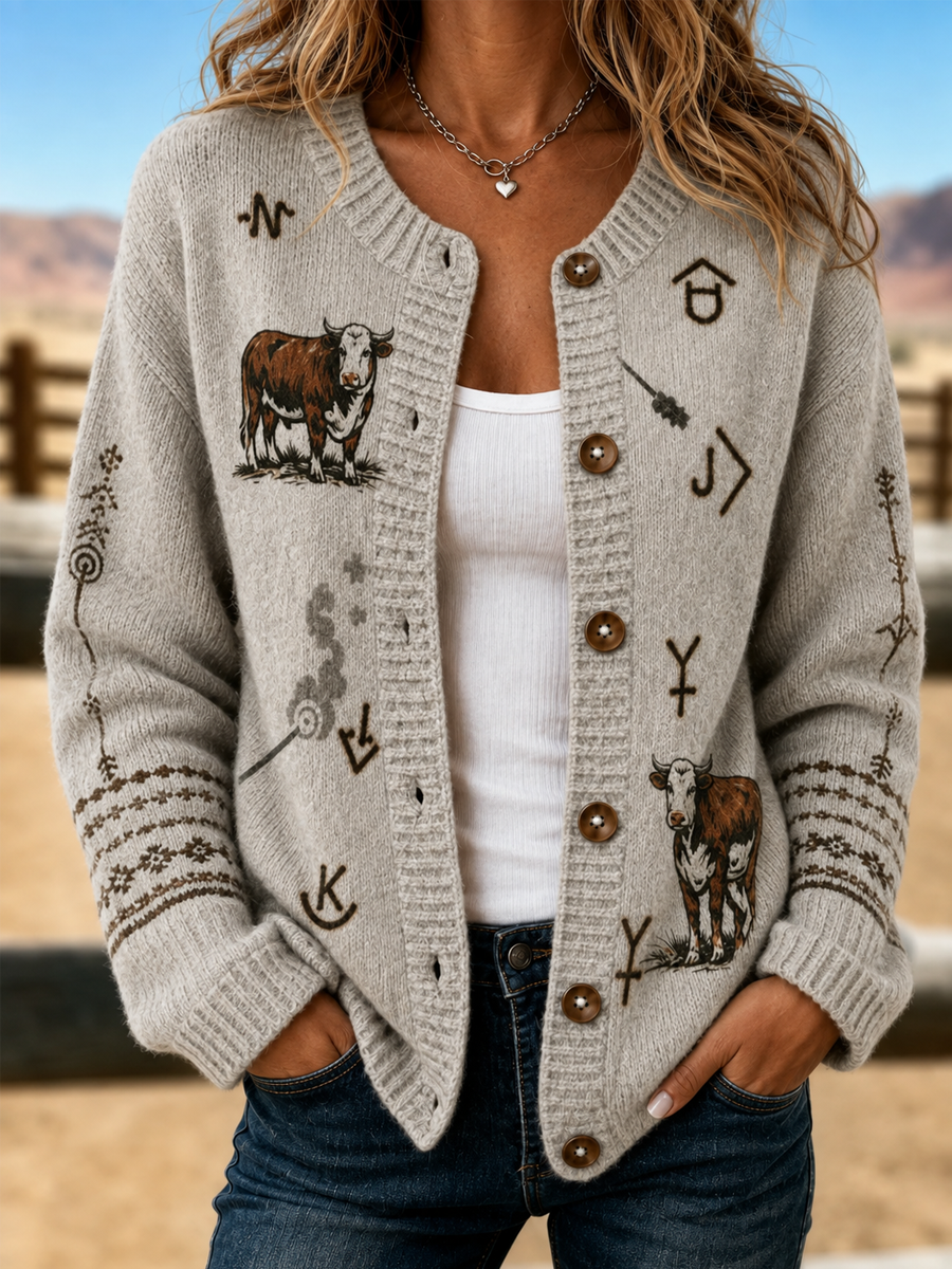 Women'S Western Printed Knitted Cardigan