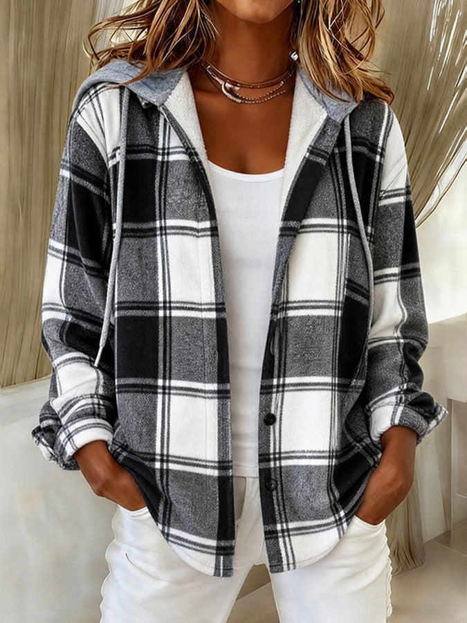 Women'S Large Checkered Autumn And Winter Hooded Jacket