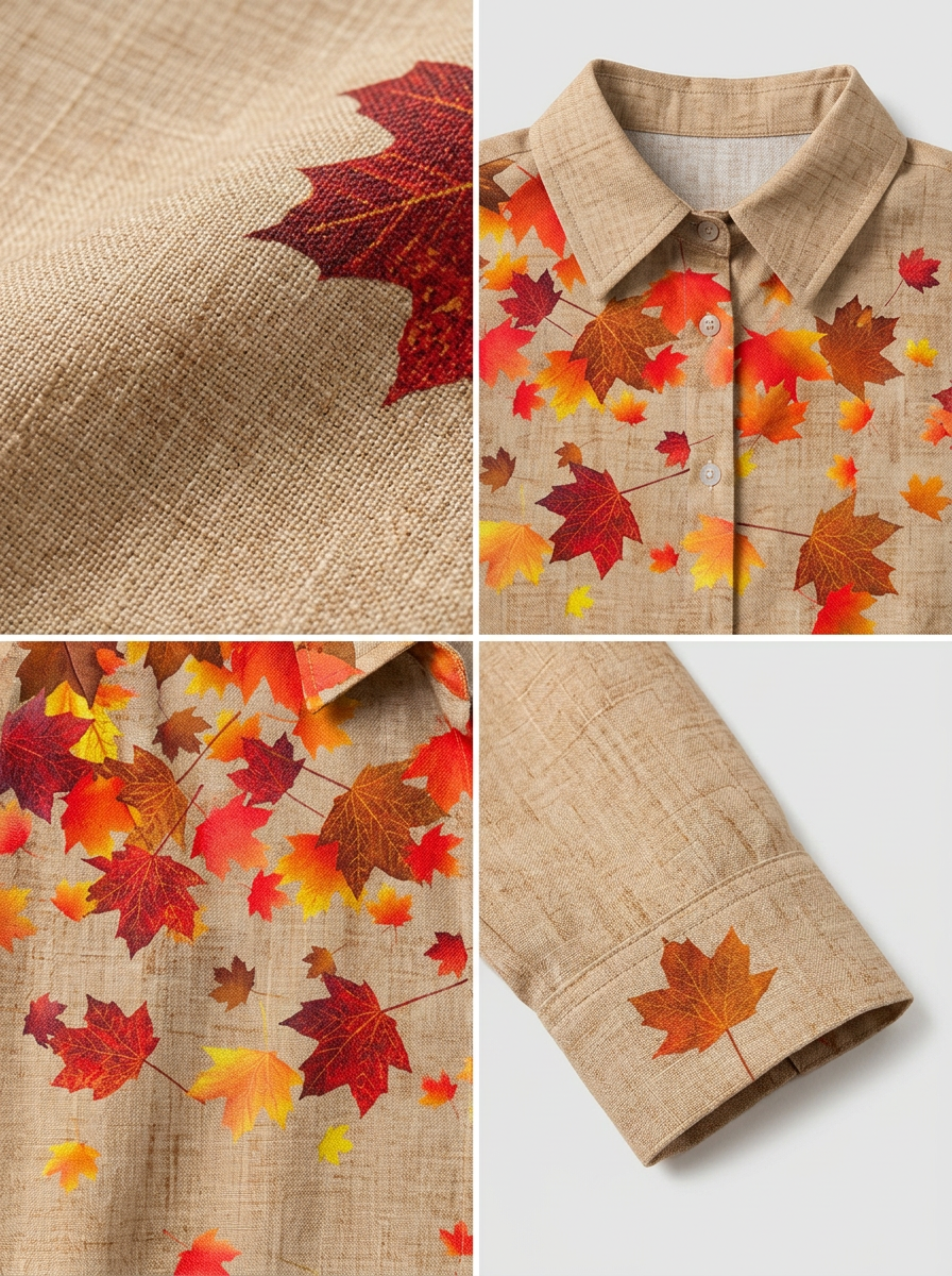 Women's Autumn Fall Maple Leaf Printed Button Down Shirt