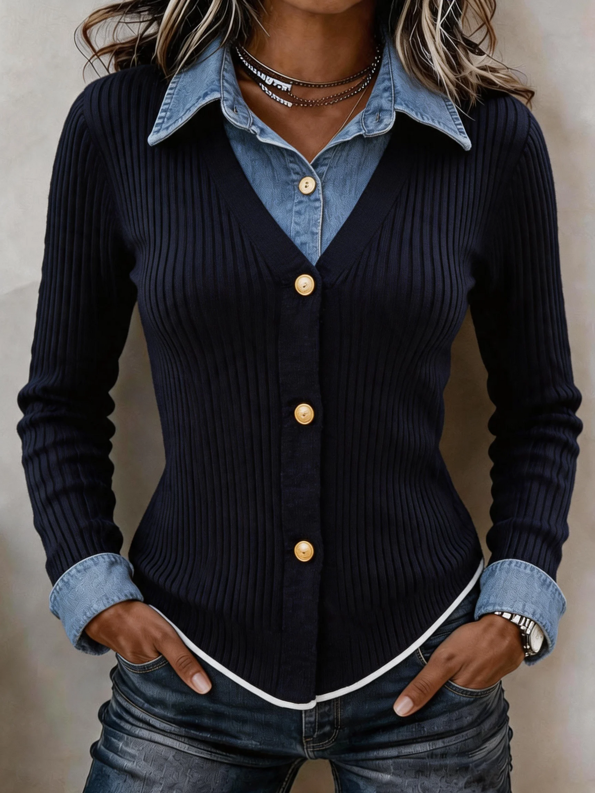 Women'S Casual Color Blocked Antique Layered Top