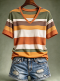 Women'S Casual Autumn Striped V-Neck T-Shirt