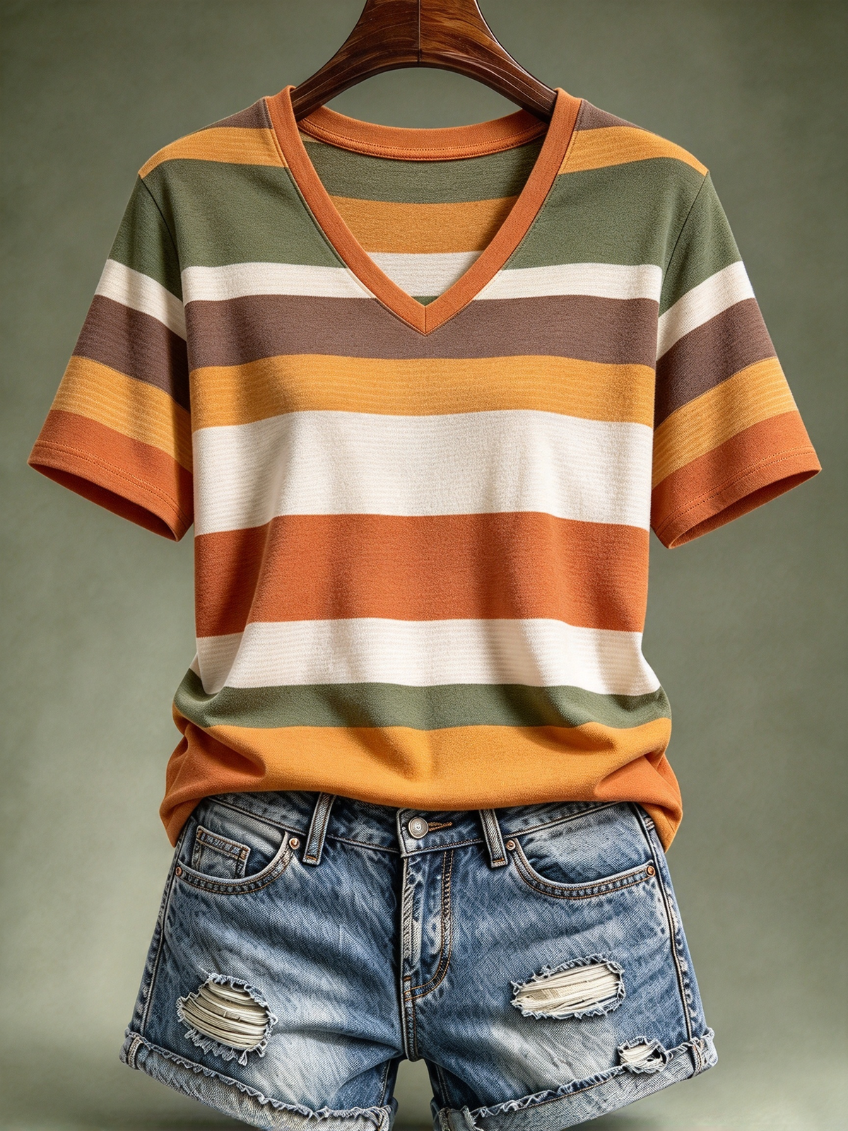 Women'S Casual Autumn Striped V-Neck T-Shirt