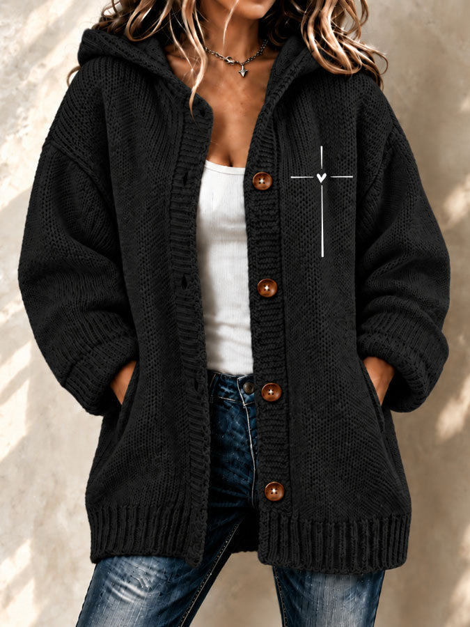 Women's Faith Cross Printed Knitted Cardigan
