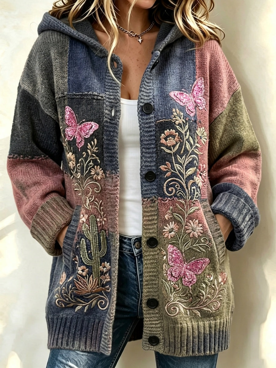 Women'S Retro Floral & Butterfly Pattern Casual Hooded Long Cardigan