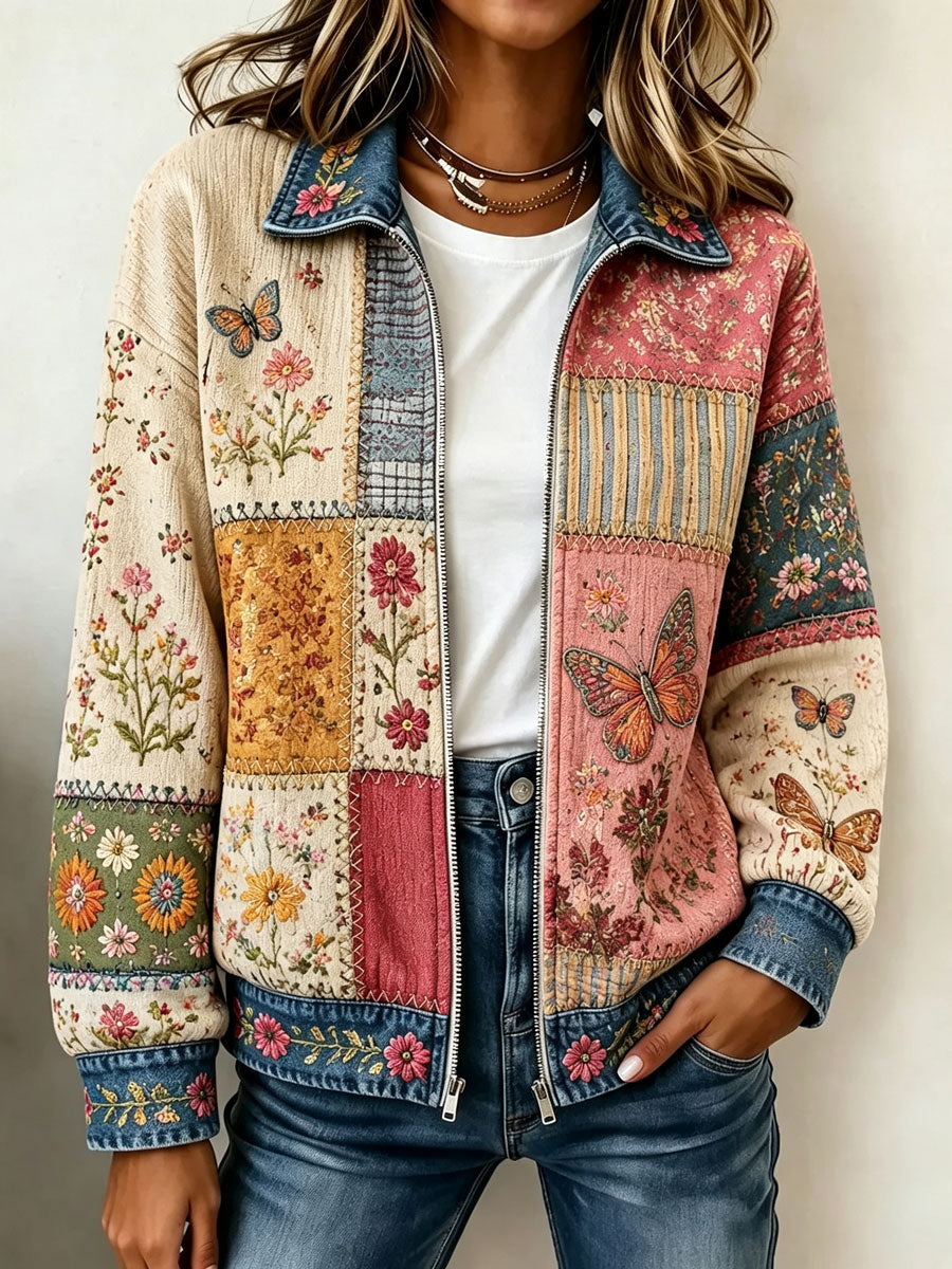 Women's Retro Floral & Butterfly Pattern Knit Zip-Up Cardigan