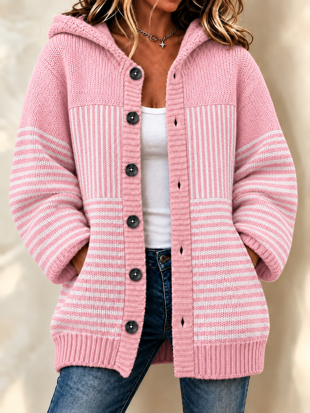 Women Striped Crew Neck Printing Casual Cardigan