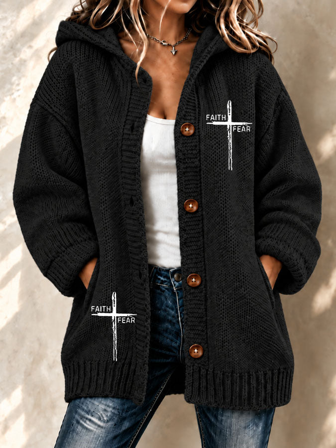 Women's Faith Cross Printed Knitted Cardigan