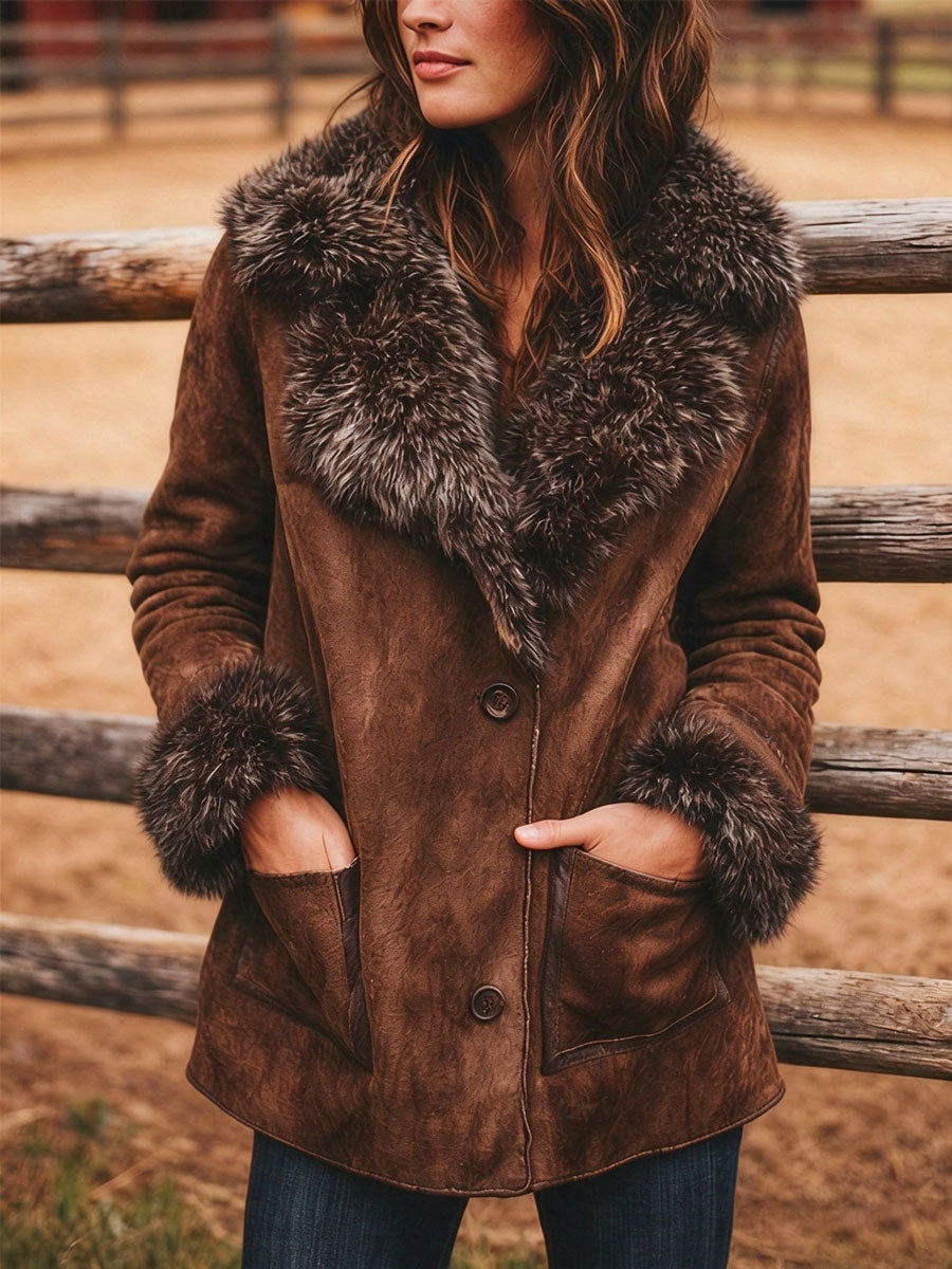Women's Retro Suede Collar Mid-Length Coat