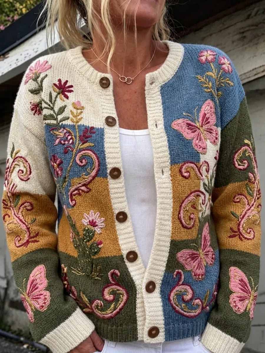 Women's Butterfly & Floral Patchwork Knitted Cardigan
