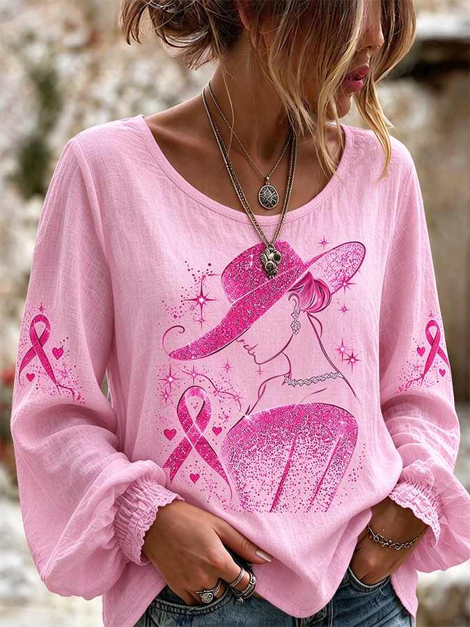 Women'S Breast Cancer Witch Printed Long Sleeved Shirt