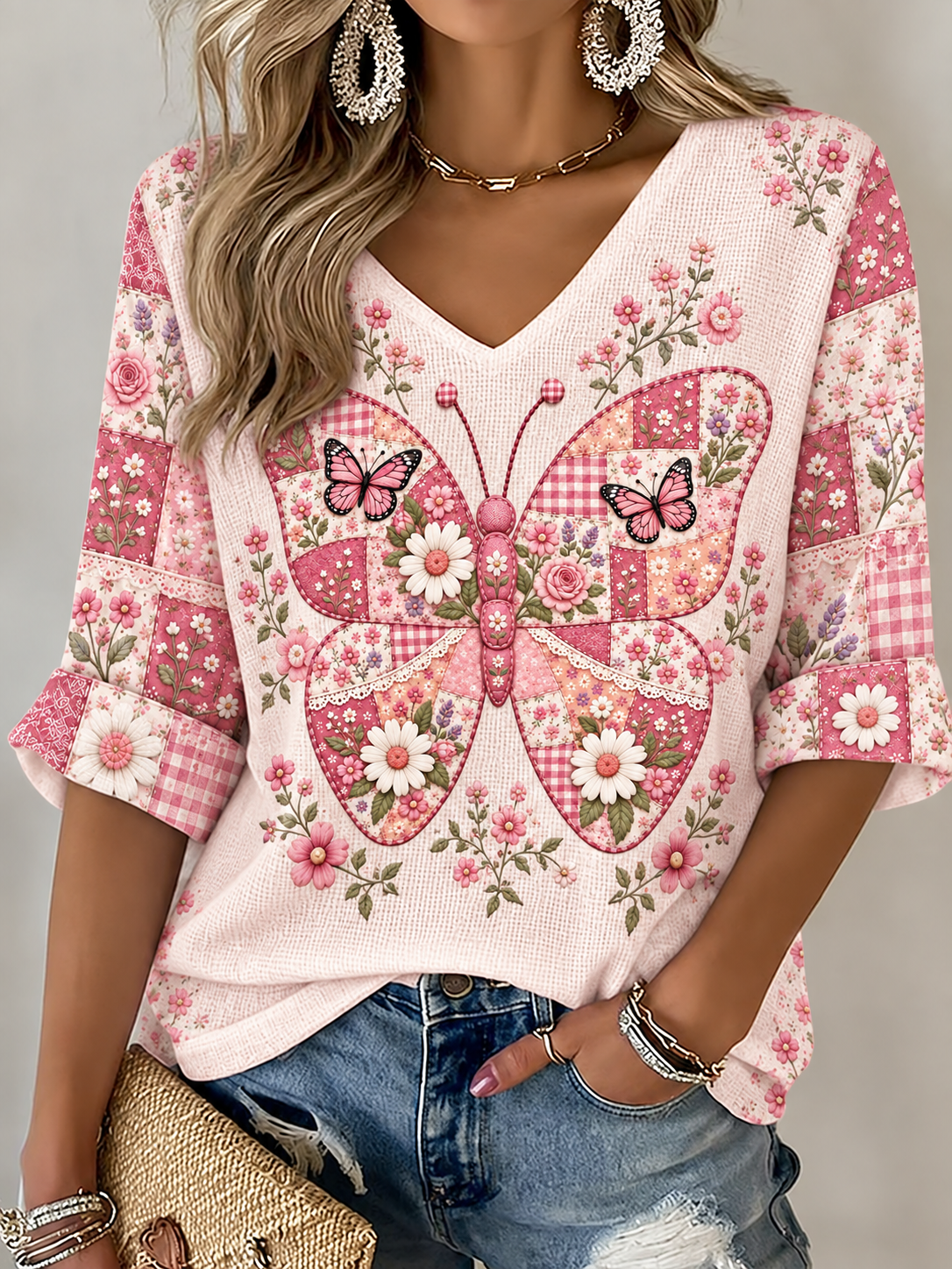 Women'S Casual Floral Butterfly Pattern V-Neck Top