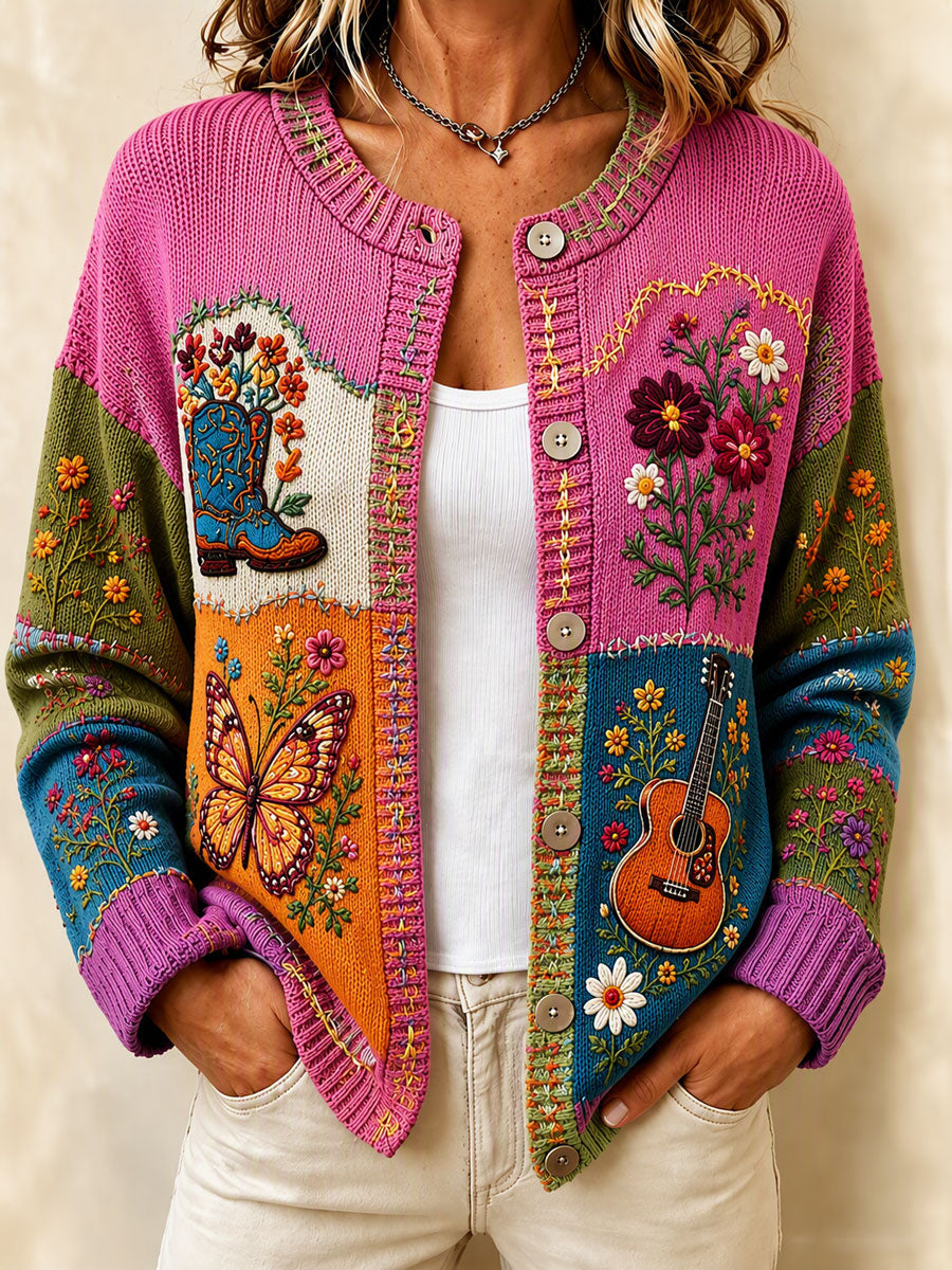 Women'S Pink Western Style Butterfly Flower Pattern Cardigan