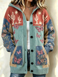 Women'S Floral & Butterfly Pattern Casual Hooded Long Cardigan