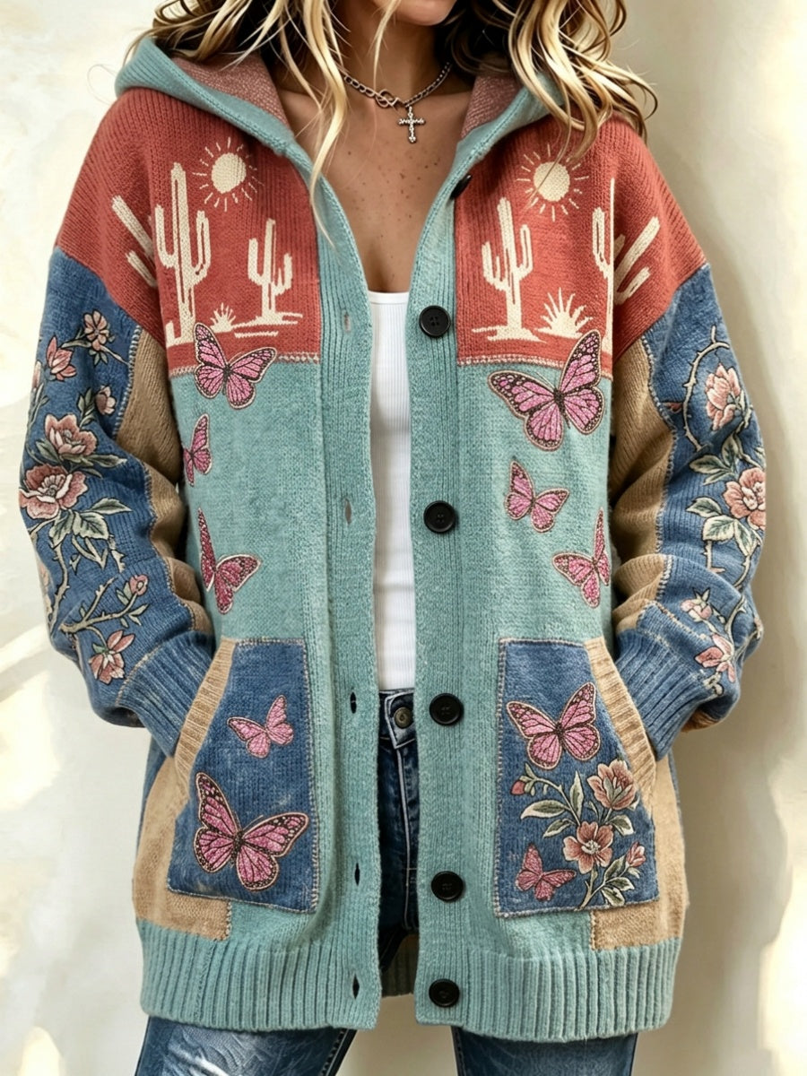Women'S Floral & Butterfly Pattern Casual Hooded Long Cardigan