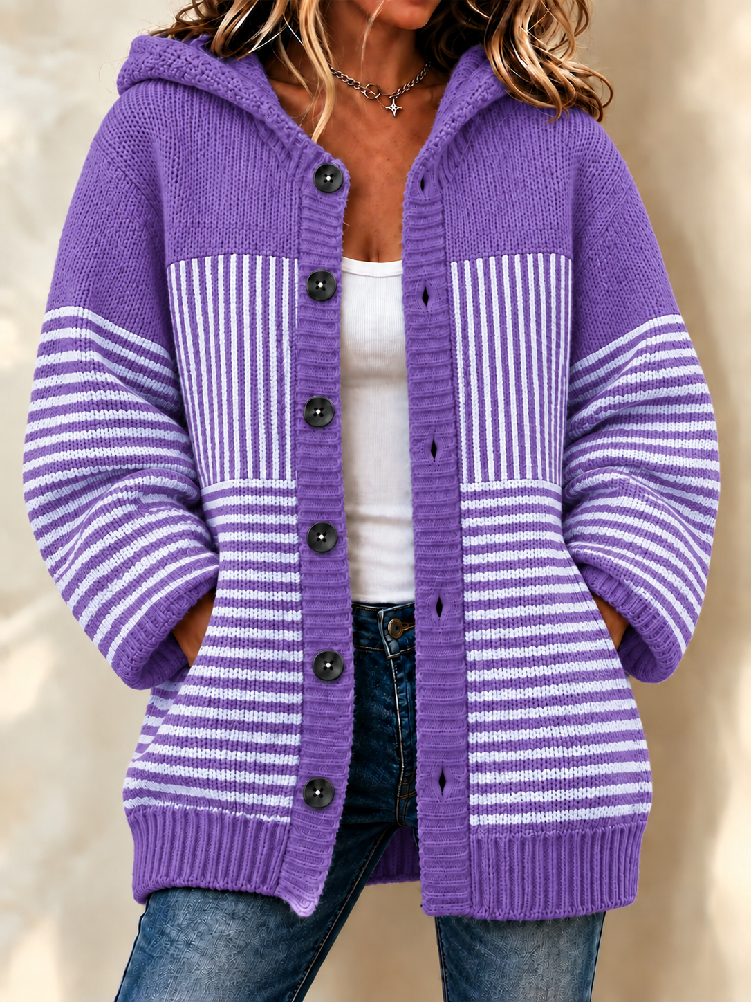 Women Striped Crew Neck Printing Casual Cardigan