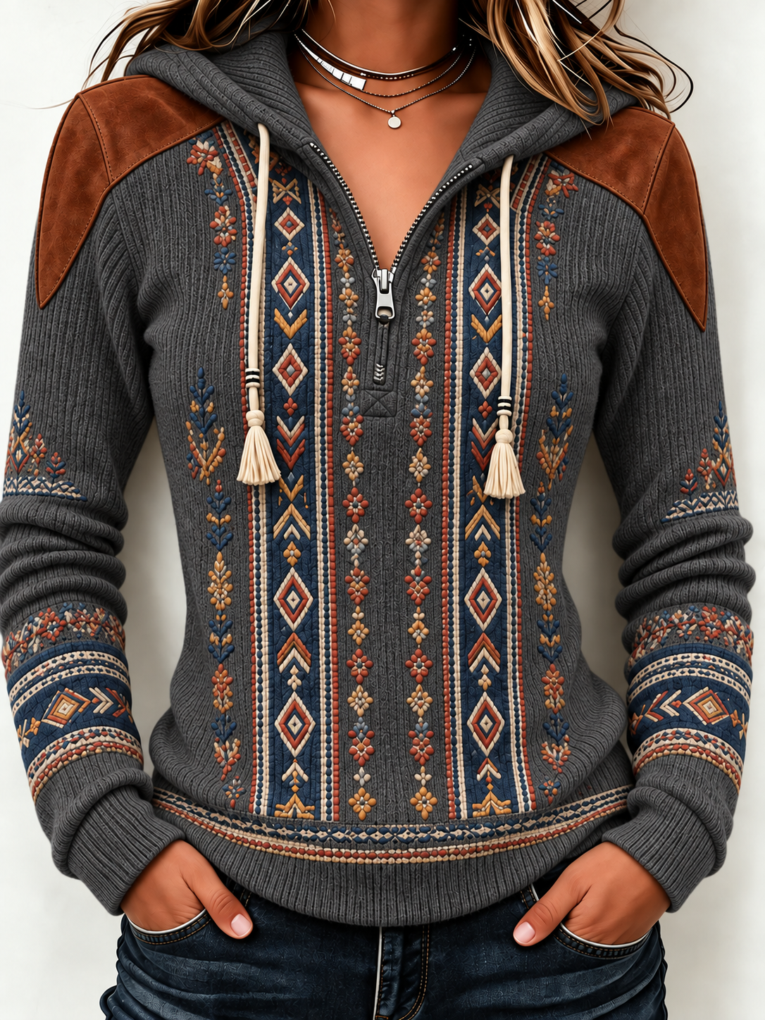 Women'S Retro Western Style Printed Zipper Hoodie