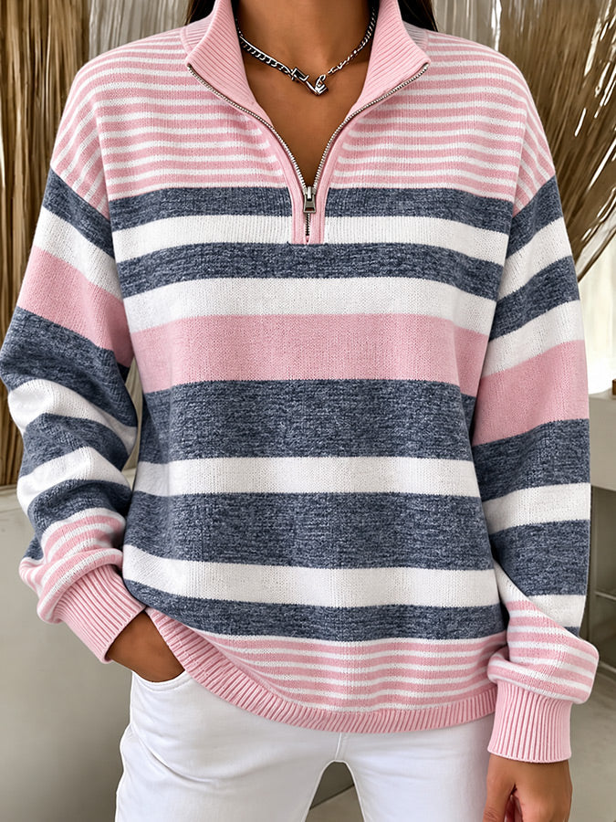Women'S Striped Zipper Sweatshirt