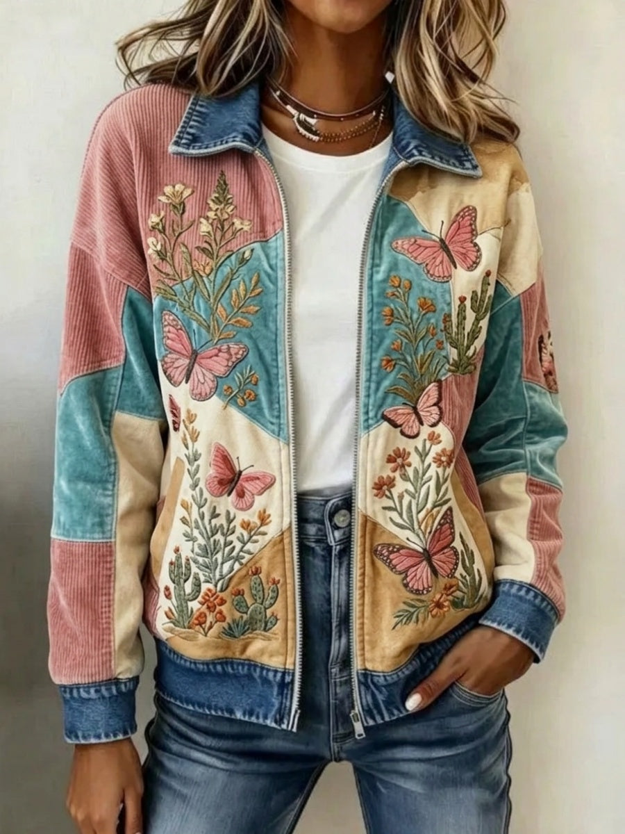 Women's Retro Floral & Butterfly Pattern Knit Zip-Up Cardigan