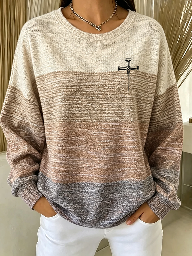 Women'S Casual Gradient Faith Cross Printing Knitted Sweatshirt