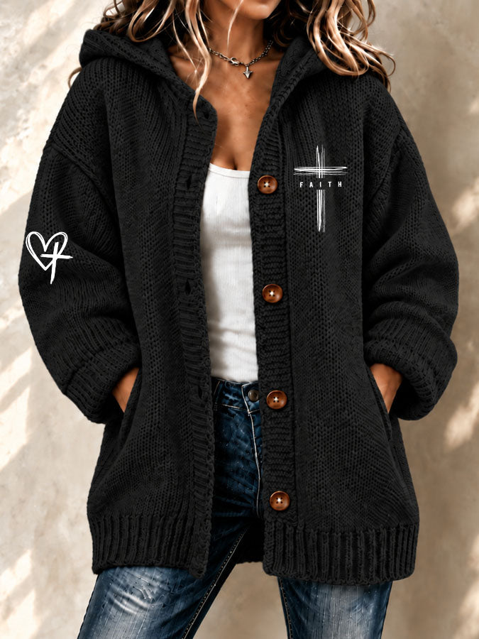 Women's Faith Cross Printed Knitted Cardigan