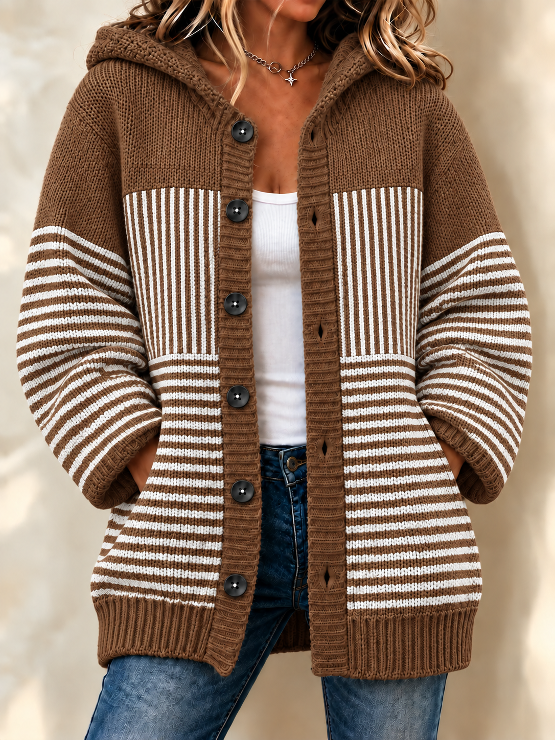 Women Striped Crew Neck Printing Casual Cardigan