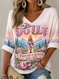 Women'S Commemorative Print Casual Waffle V-Neck Top