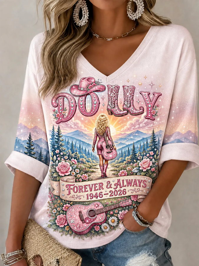 Women'S Commemorative Print Casual Waffle V-Neck Top