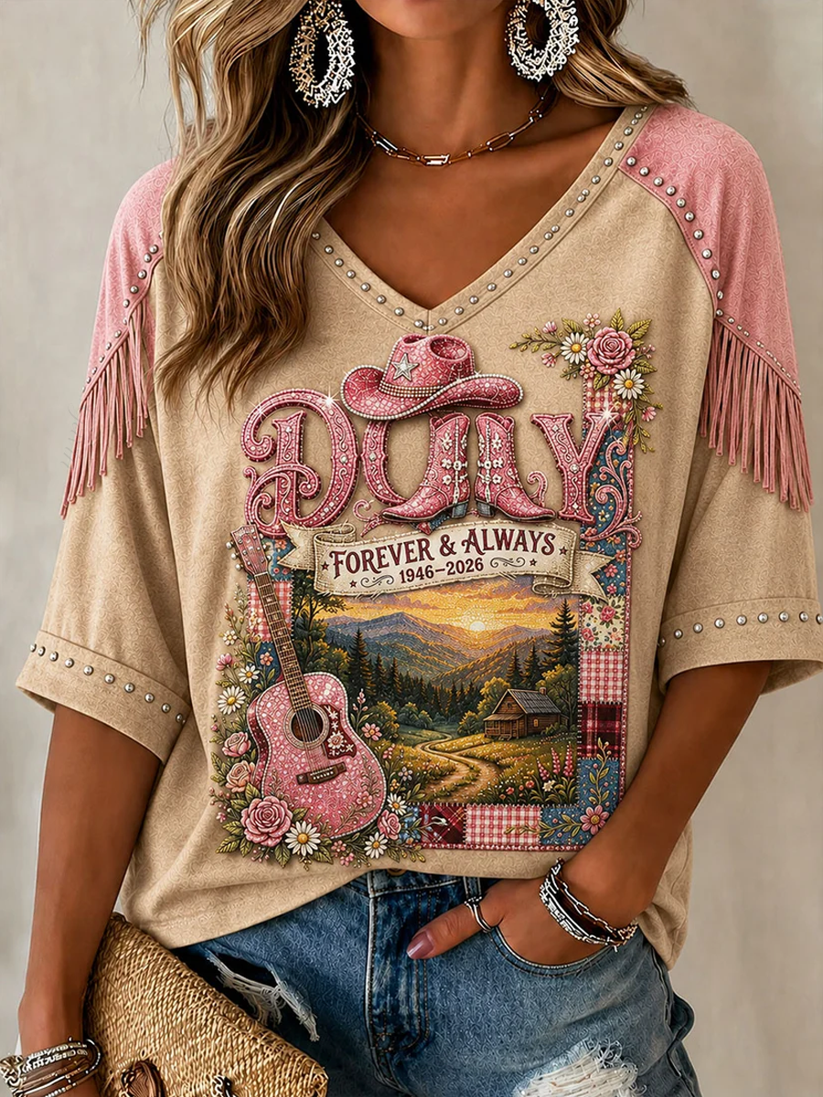 Women'S Country Legend Singer Tribute Mid-Length Sleeves V-Neck T-Shirt