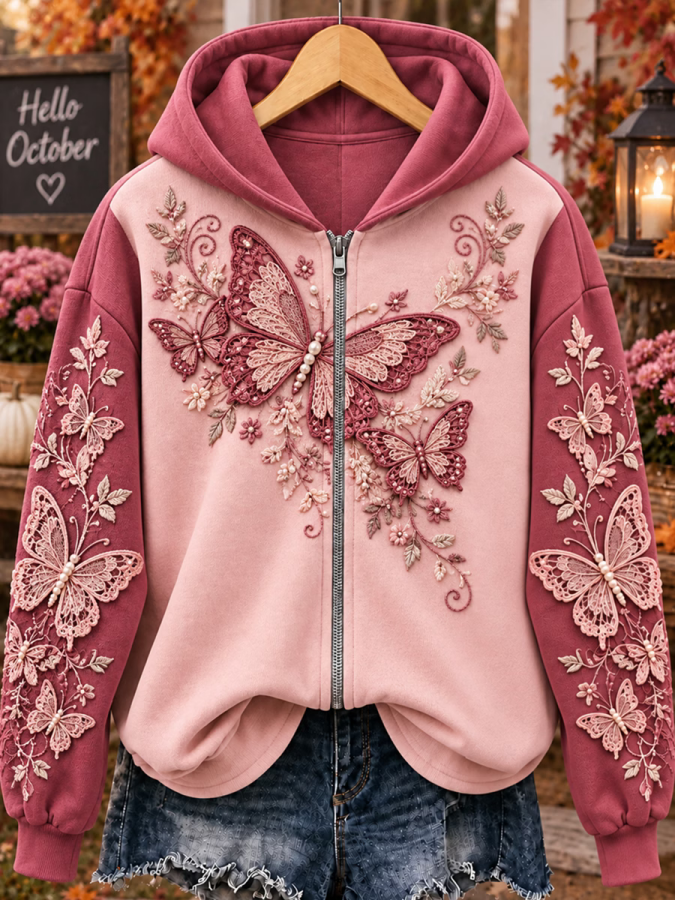 Women'S Pink Butterfly Breast Cancer Awareness Print Casual Zip Hoodie