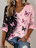 Women'S Pink Art Print Waffle  Top