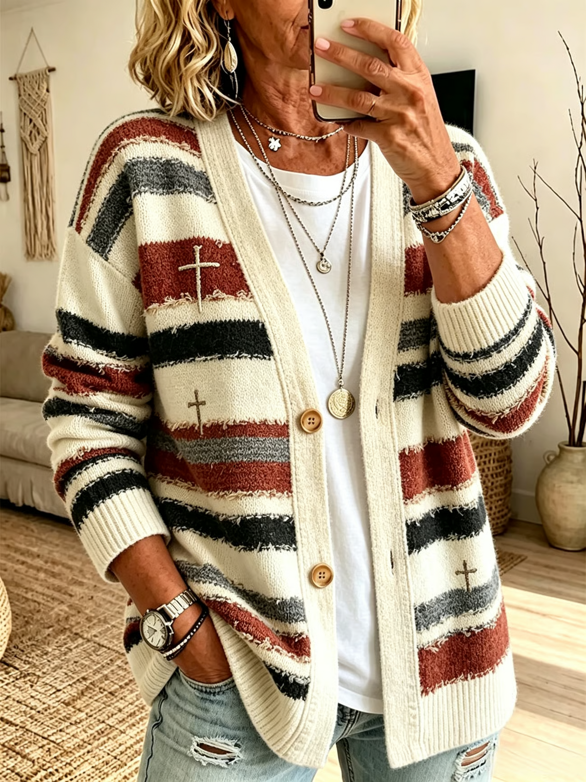 Women's Retro Striped Faith Cross Cardigan