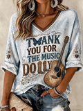 Women'S THANK YOU FOR THE MUSIC Printed V‑Neck Short Sleeve Blouse
