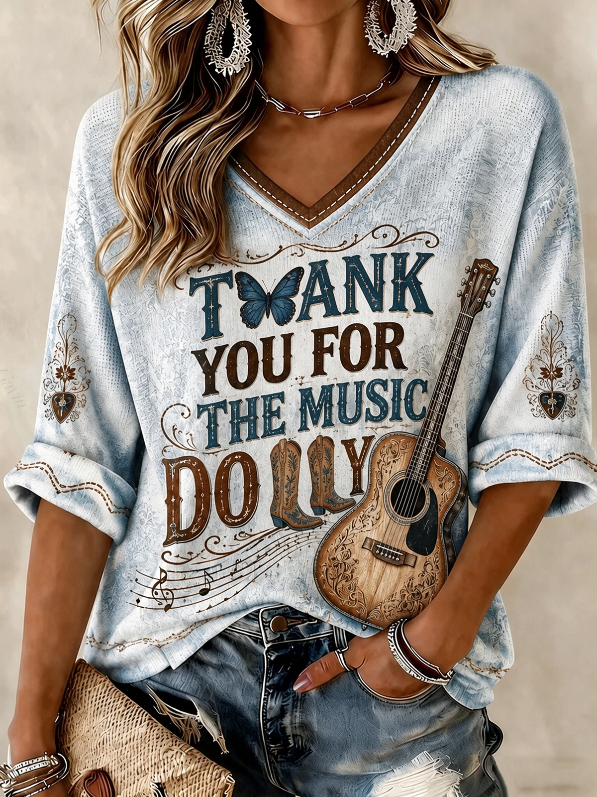 Women'S THANK YOU FOR THE MUSIC Printed V‑Neck Short Sleeve Blouse
