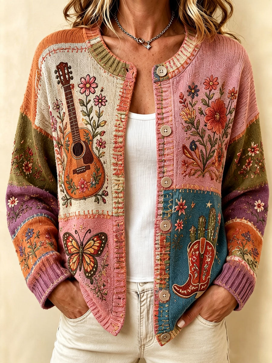 Women'S Pink Western Style Butterfly Flower Pattern Cardigan