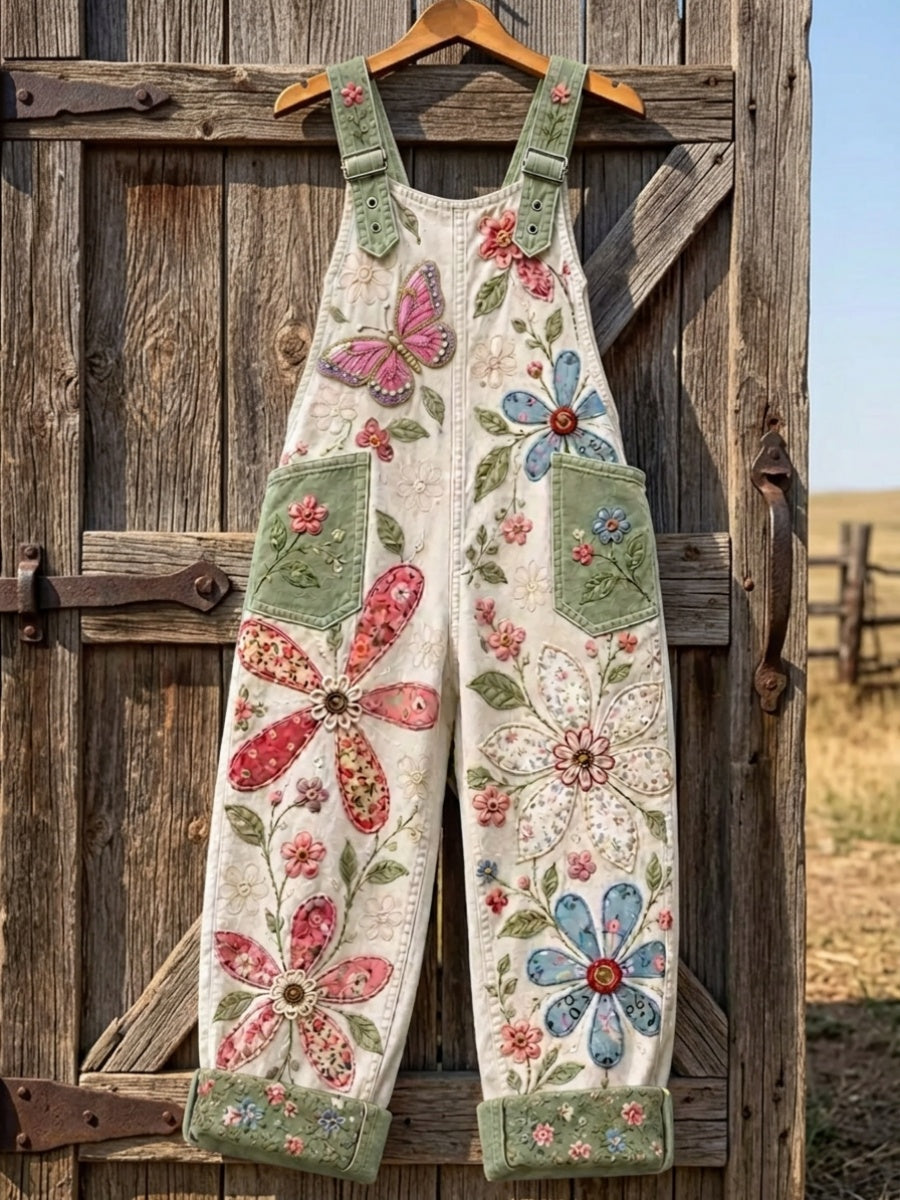 Women's Retro Butterfly and Floral-Print Overalls