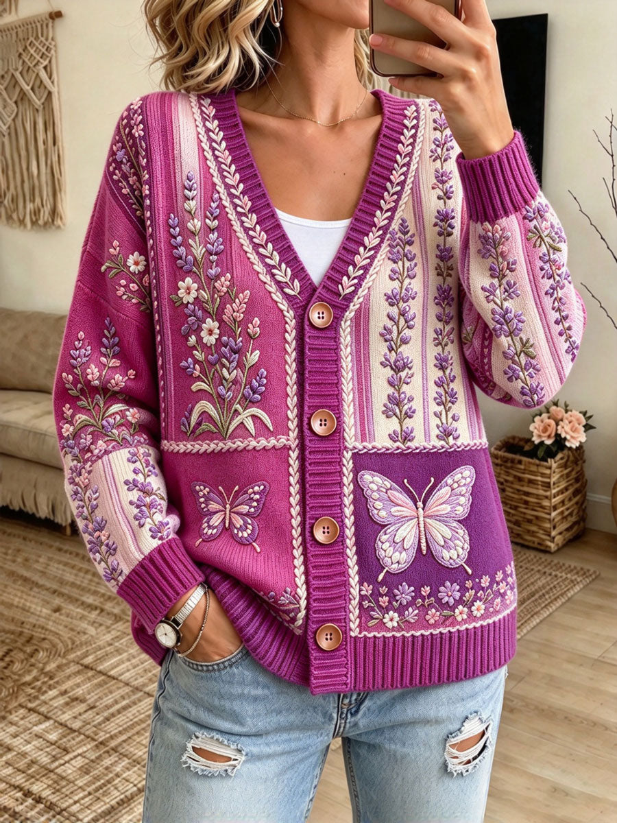 Women's Floral Patchwork-Themed Knit Cardigan