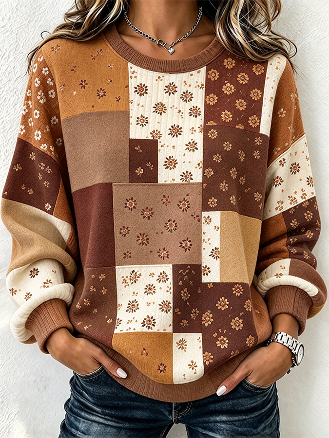 Women'S Casual Print Waffle Long Sleeved Round Neck Sweatshirt