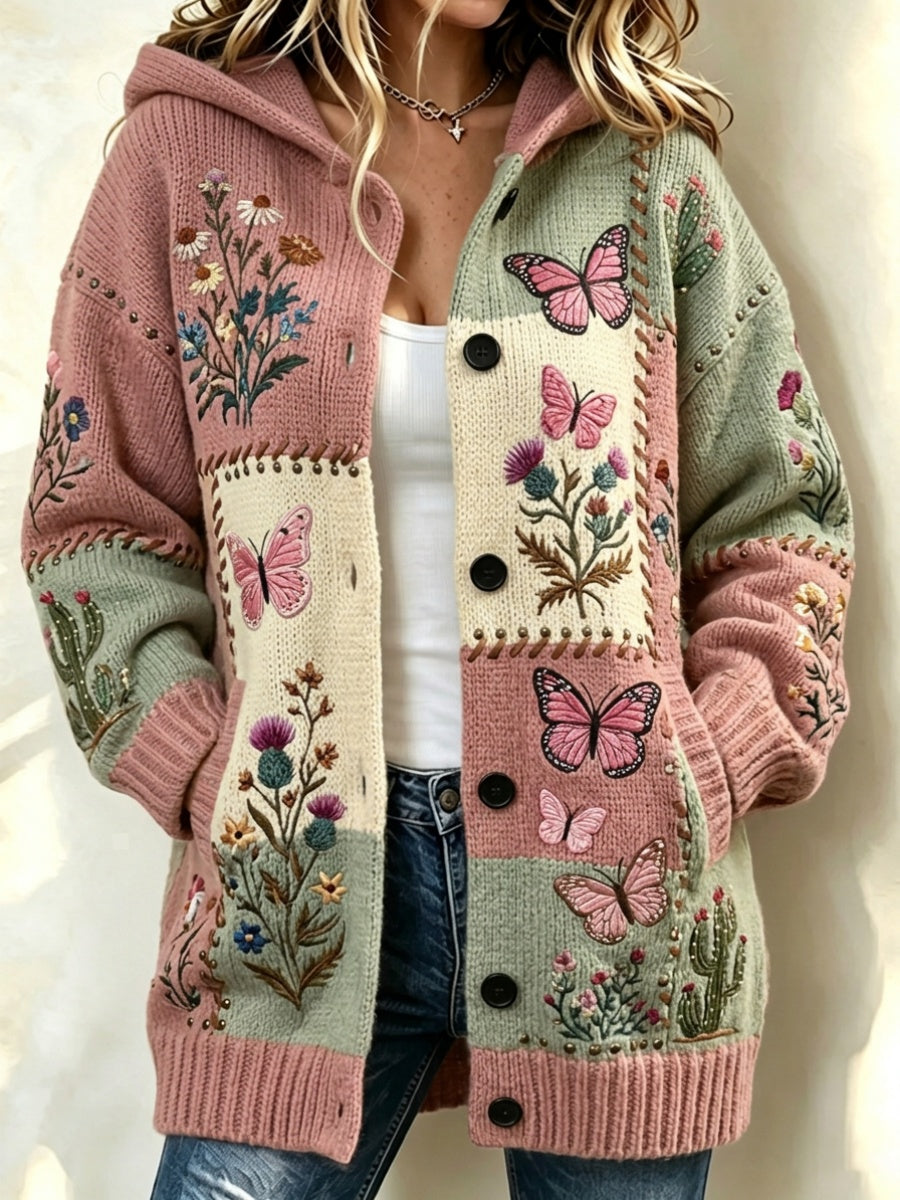 Women'S Retro Floral & Butterfly Pattern Casual Hooded Long Cardigan