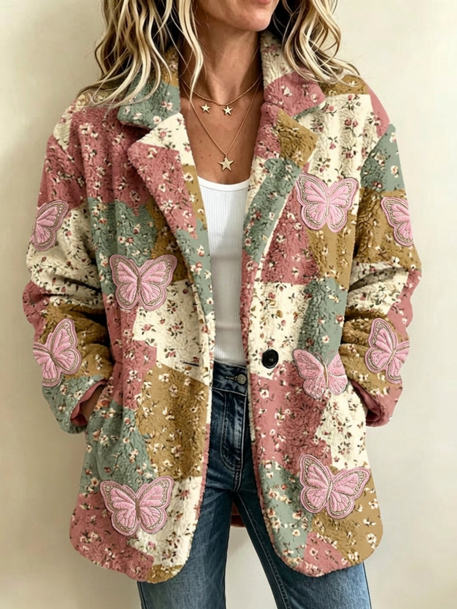 Women'S Butterfly and Floral-Themed Vintage Patchwork Sheepskin Coat