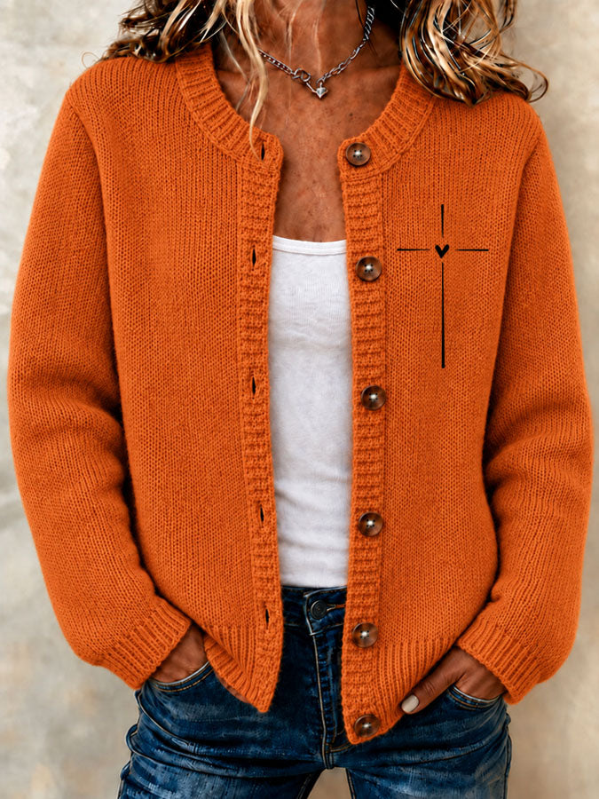 Women's Faith Cross Printed Knitted Cardigan