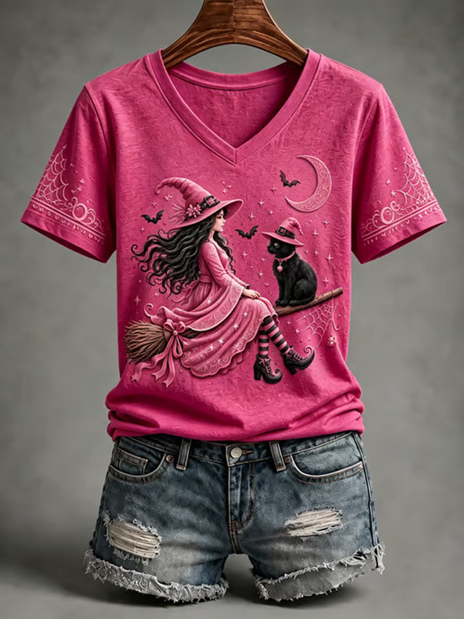 Women'S Witch Printed Short Sleeve Knitted Shirt