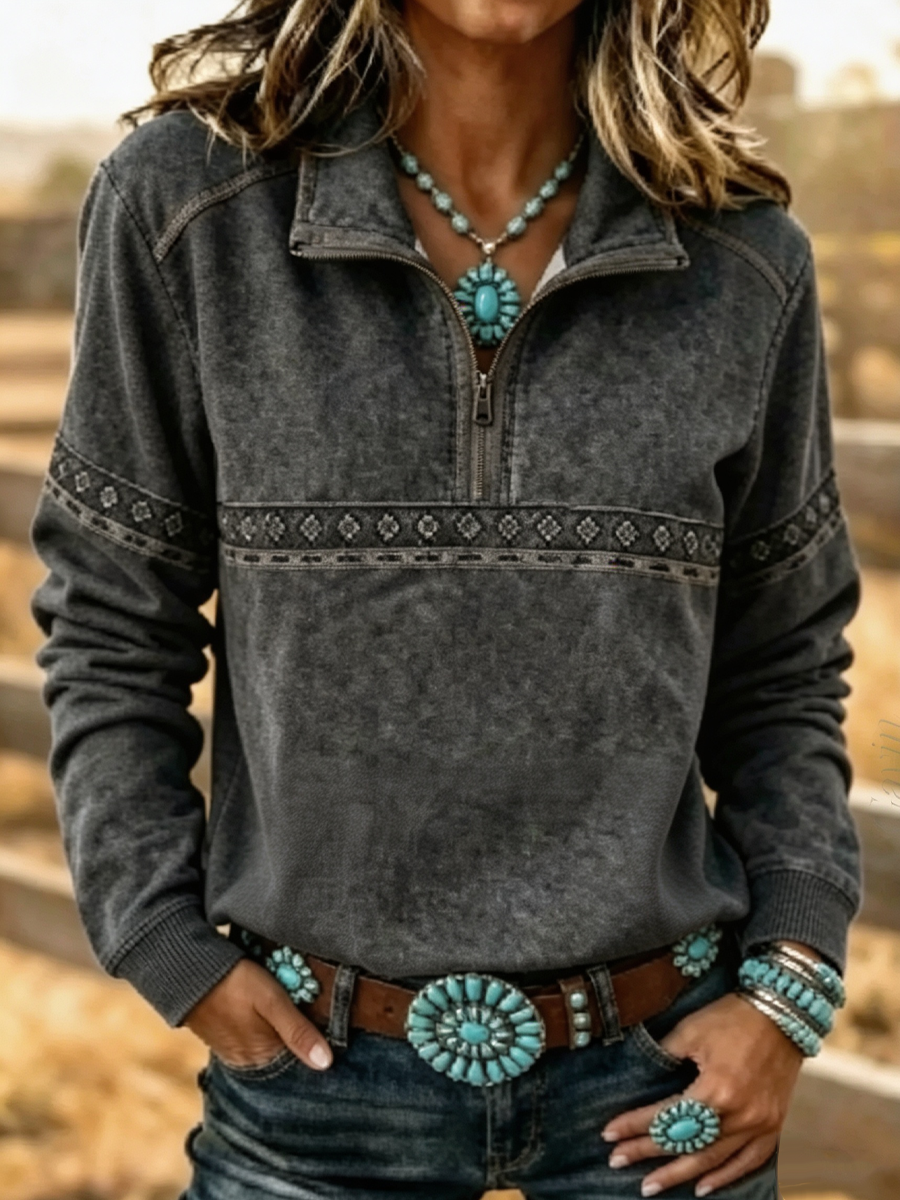 Women'S Western Style Wild West Stand Collar Long Sleeve Sweatshirt