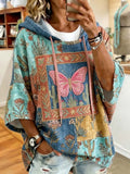 Women'S Retro Floral & Butterfly Pattern Casual Hooded Sweatshirt