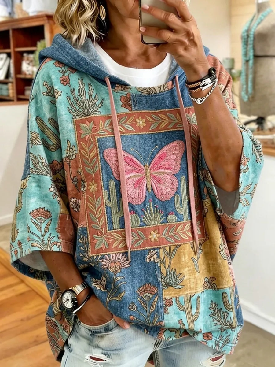 Women'S Retro Floral & Butterfly Pattern Casual Hooded Sweatshirt