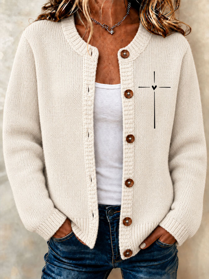 Women's Faith Cross Printed Knitted Cardigan
