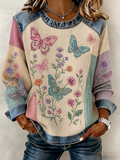Women'S Butterfly & Floral Patchwork Print Casual Waffle Sweatshirt